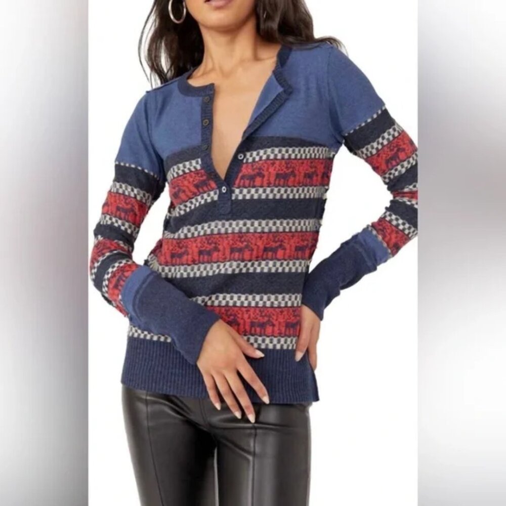 We The Free Free People To The Woods Thermal Sweater in Boy Combo